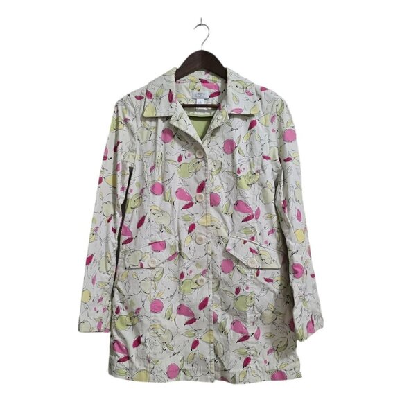 Ann Taylor Loft White Colorful Fruit Print Long Overcoat Sz S - Picture 1 of 15